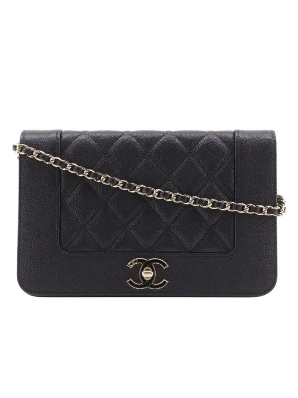 Chanel Mademoiselle Quilted Caviar Leather Black Chain Wallet Shoulder